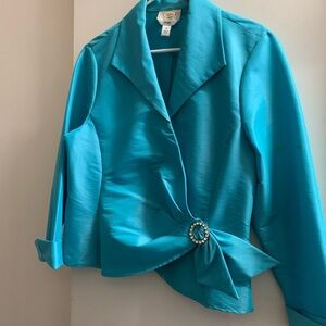 Talbots Teal Satin Evening Jacket Size 14 Rhinestone Brooch Closure Dressy